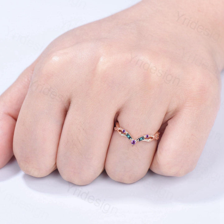 Vintage Curved Baguette Alexandrite Wedding Band Leaf Vine Amethyst Wedding Ring Stackable Matching Band Evil Eye Anniversary Promise Gift - PENFINE