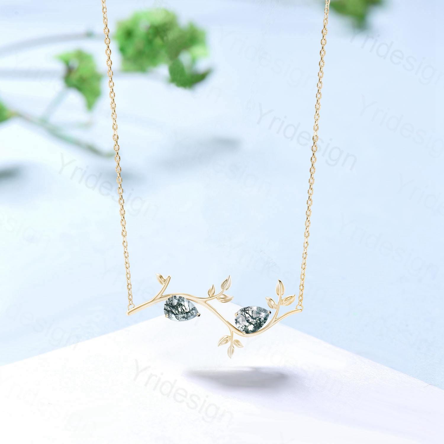 Dainty Pear Shaped Moss Agate Necklace Leaves Vine Branch Agate Pendant Necklace Nature Inspired Guard Pendant Unique Anniversary Gift Women - PENFINE