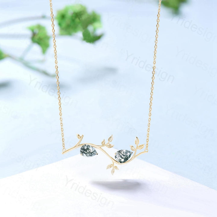 Dainty Pear Shaped Moss Agate Necklace Leaves Vine Branch Agate Pendant Necklace Nature Inspired Guard Pendant Unique Anniversary Gift Women - PENFINE