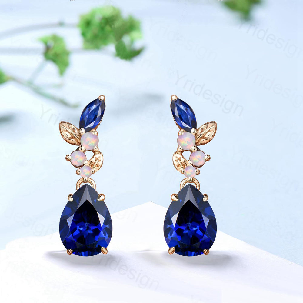 Nature Inspired Pear Shaped Blue Sapphire Earrings Leaf Stud Earrings Silver Vintage Unique Opal Earrings Handmade Anniversary Promise Gift - PENFINE