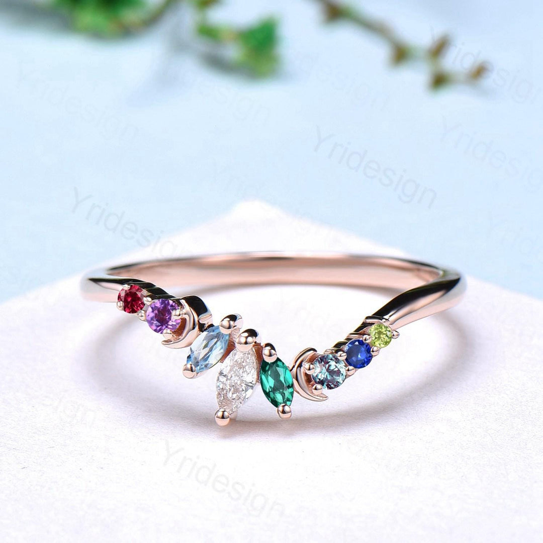 Unique Rainbow Birthstone Wedding Band Curved Marquise Cut Gemstone Moon Wedding Ring Rose Gold Art Deco Stacking Marching Band - PENFINE