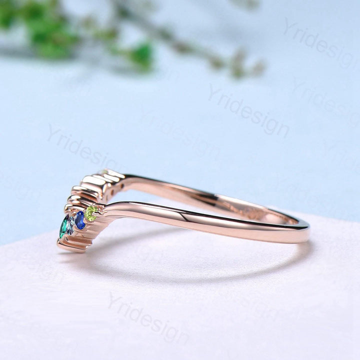 Unique Rainbow Birthstone Wedding Band Curved Marquise Cut Gemstone Moon Wedding Ring Rose Gold Art Deco Stacking Marching Band - PENFINE