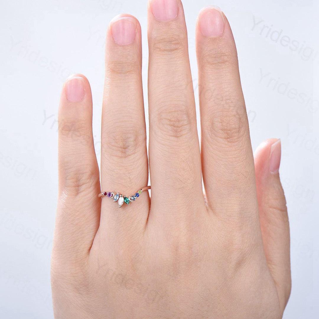Unique Rainbow Birthstone Wedding Band Curved Marquise Cut Gemstone Moon Wedding Ring Rose Gold Art Deco Stacking Marching Band - PENFINE