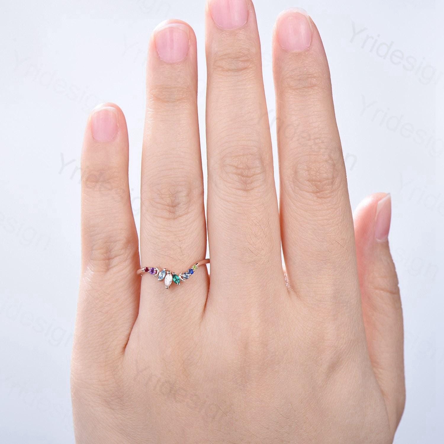 Unique Rainbow Birthstone Wedding Band Curved Marquise Cut Gemstone Moon Wedding Ring Rose Gold Art Deco Stacking Marching Band - PENFINE