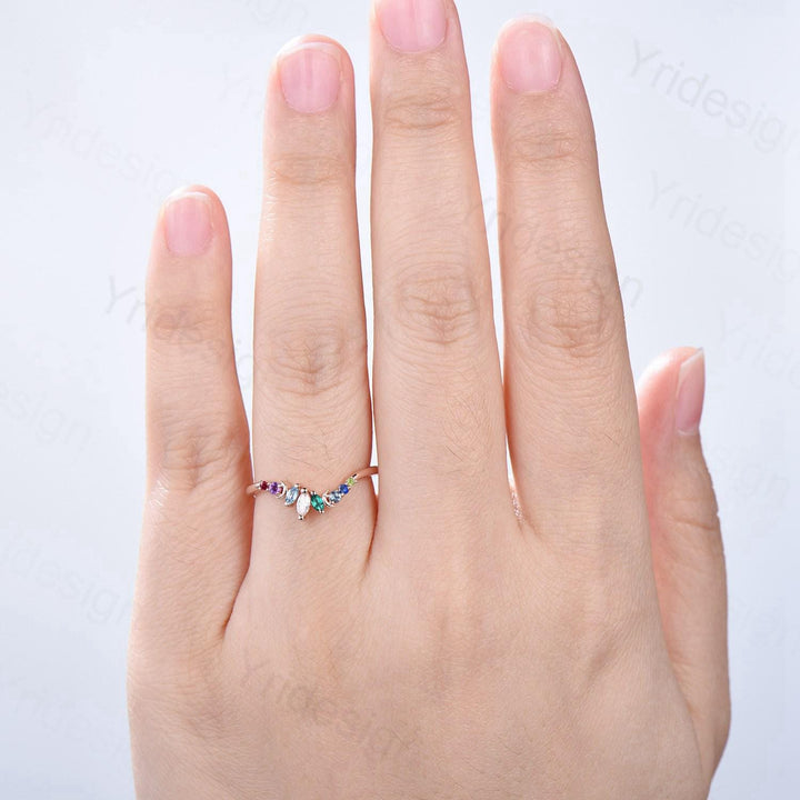 Unique Rainbow Birthstone Wedding Band Curved Marquise Cut Gemstone Moon Wedding Ring Rose Gold Art Deco Stacking Marching Band - PENFINE