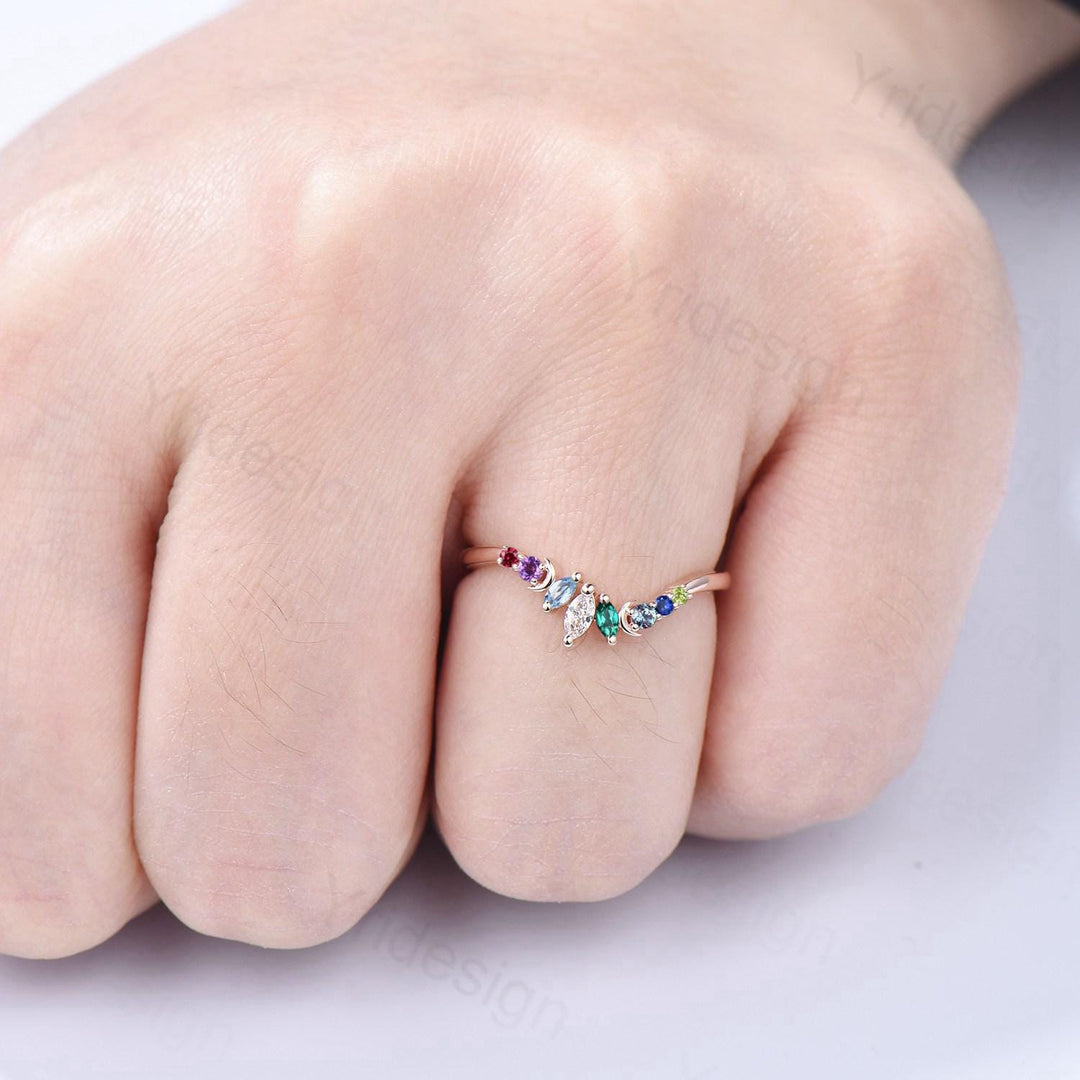 Unique Rainbow Birthstone Wedding Band Curved Marquise Cut Gemstone Moon Wedding Ring Rose Gold Art Deco Stacking Marching Band - PENFINE