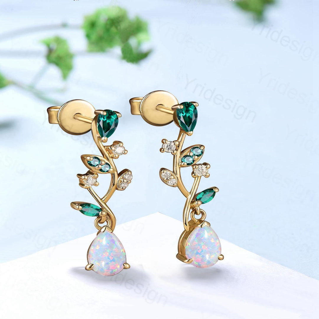Nature Inspired Pear Shaped White Opal Earrings Emerald Fire Opal Leaf Stud Earrings Silver Earrings Handmade Anniversary Promise Gift - PENFINE