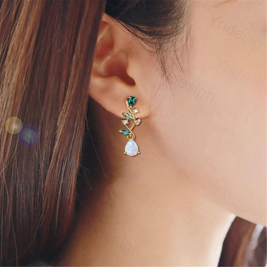 Nature Inspired Pear Shaped White Opal Earrings Emerald Fire Opal Leaf Stud Earrings Silver Earrings Handmade Anniversary Promise Gift - PENFINE