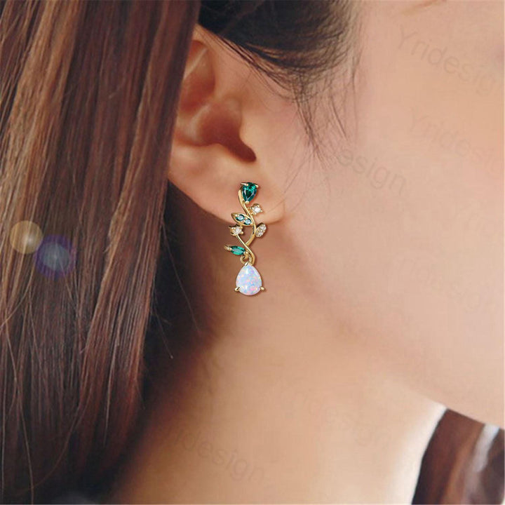 Nature Inspired Pear Shaped White Opal Earrings Emerald Fire Opal Leaf Stud Earrings Silver Earrings Handmade Anniversary Promise Gift - PENFINE