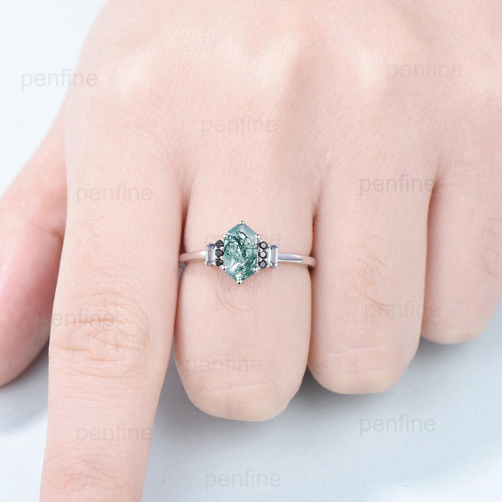 Unique Long Hexagon Cut Moss Agate Engagement Ring Baguette Alexandrite Cluster Black Spinel Wedding Ring Vintage Anniversary Bridal Gift - PENFINE