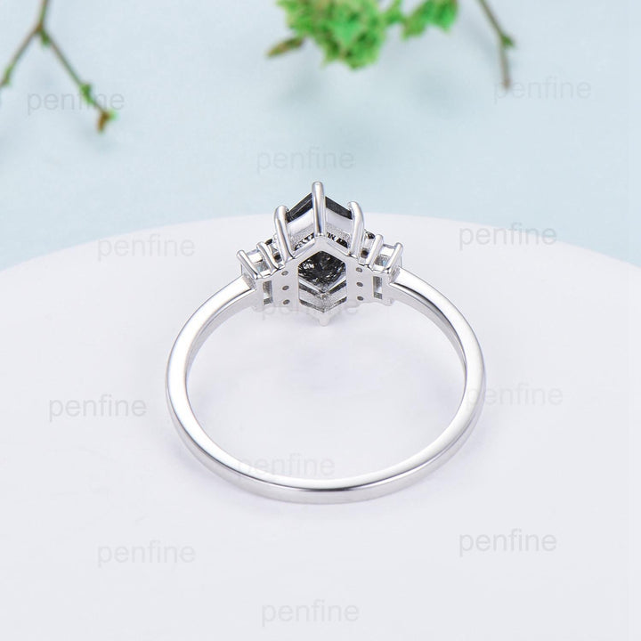 Unique Long Hexagon Cut Moss Agate Engagement Ring Baguette Alexandrite Cluster Black Spinel Wedding Ring Vintage Anniversary Bridal Gift - PENFINE