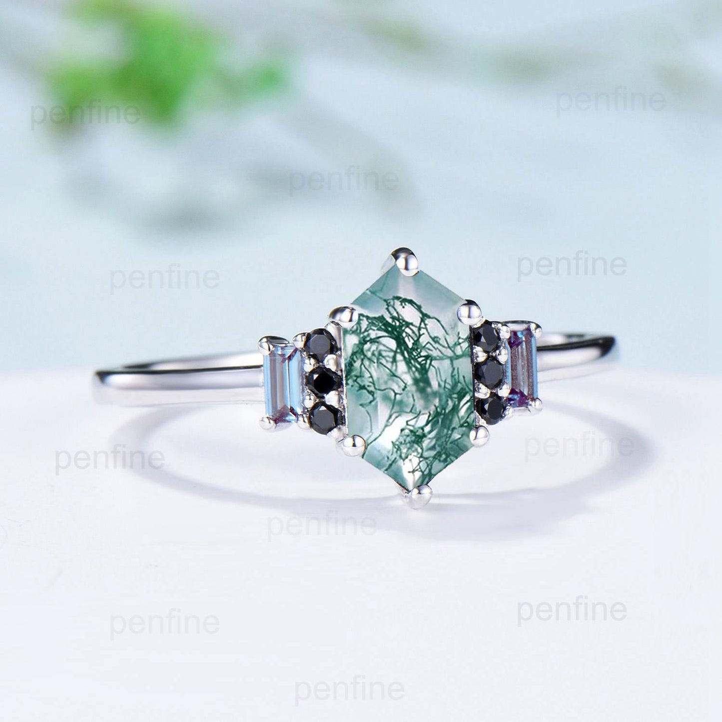 Unique Long Hexagon Cut Moss Agate Engagement Ring Baguette Alexandrite Cluster Black Spinel Wedding Ring Vintage Anniversary Bridal Gift - PENFINE
