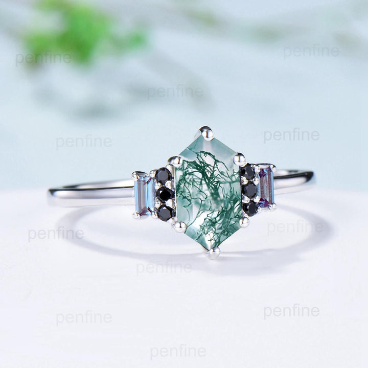 Unique Long Hexagon Cut Moss Agate Engagement Ring Baguette Alexandrite Cluster Black Spinel Wedding Ring Vintage Anniversary Bridal Gift - PENFINE