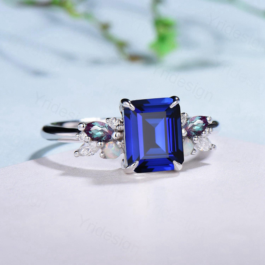 Unique Emerald Cut Blue Sapphire Engagement Ring Marquise Alexandrite Opal Wedding Ring Vintage Cluster Moissanite Anniversary Promise Ring - PENFINE