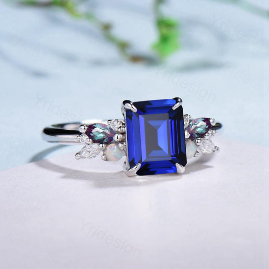 Unique Emerald Cut Blue Sapphire Engagement Ring Marquise Alexandrite Opal Wedding Ring Vintage Cluster Moissanite Anniversary Promise Ring - PENFINE