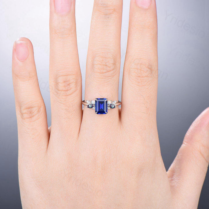 Unique Emerald Cut Blue Sapphire Engagement Ring Marquise Alexandrite Opal Wedding Ring Vintage Cluster Moissanite Anniversary Promise Ring - PENFINE