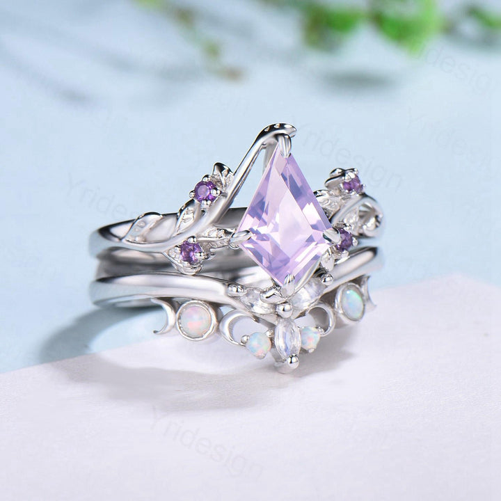 Nature Inspired kite lavender amethyst engagement ring set twig cluster amethyst wedding set Vintage marquise moonstone opal stacking ring - PENFINE