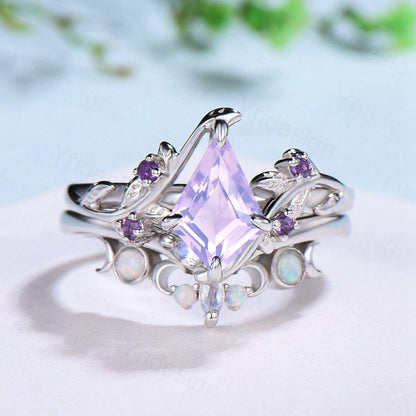 Nature Inspired kite lavender amethyst engagement ring set twig cluster amethyst wedding set Vintage marquise moonstone opal stacking ring - PENFINE