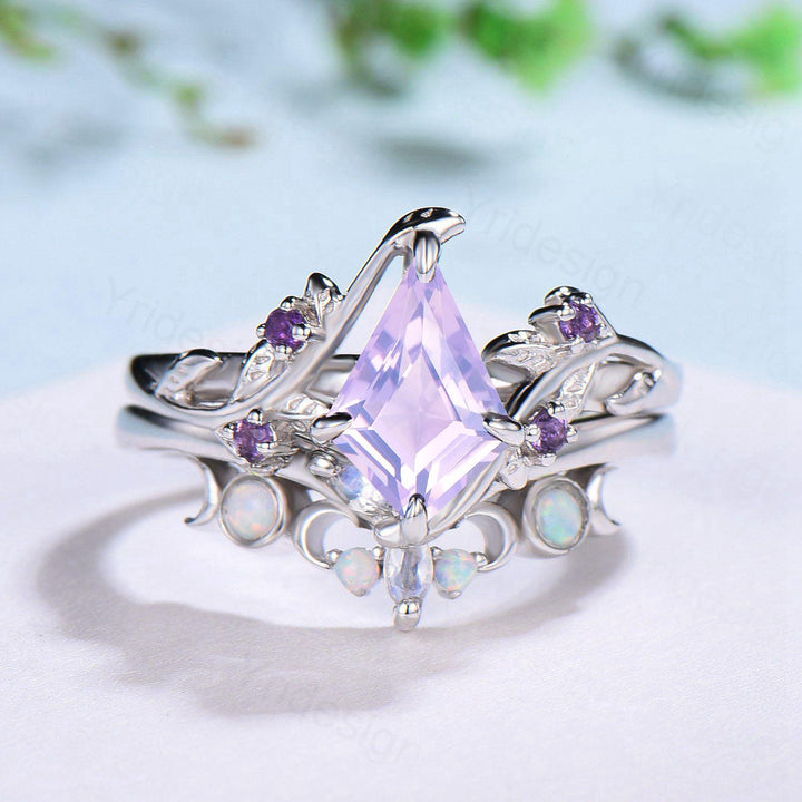 Nature Inspired kite lavender amethyst engagement ring set twig cluster amethyst wedding set Vintage marquise moonstone opal stacking ring - PENFINE
