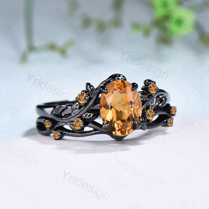 Unique black gold citrine ring set Nature Inspired yellow citrine engagement ring vintage Leaf branch wedding ring set November birthstone - PENFINE