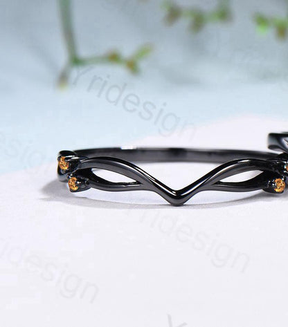 Unique black gold citrine ring set Nature Inspired yellow citrine engagement ring vintage Leaf branch wedding ring set November birthstone - PENFINE