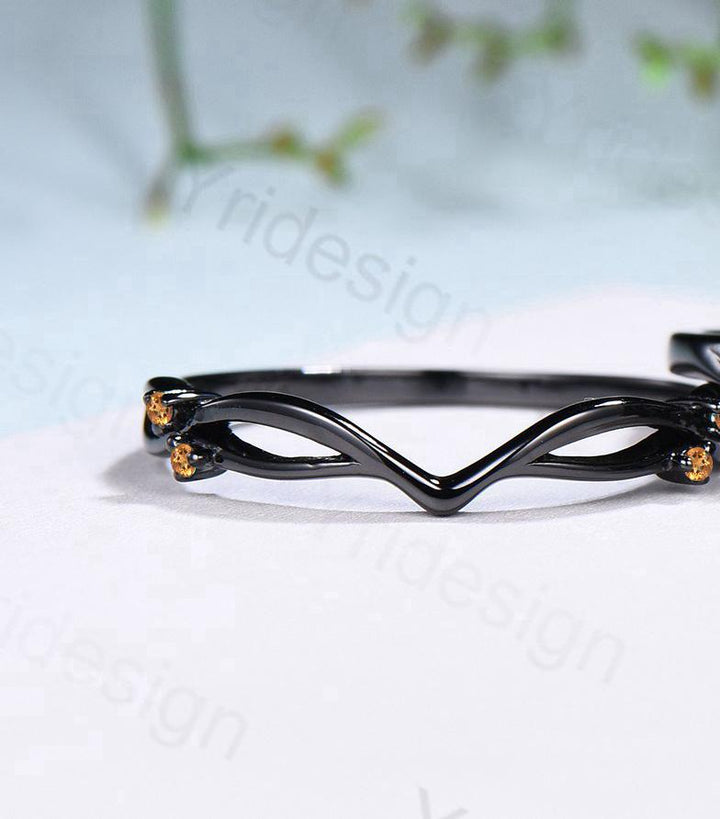 Unique black gold citrine ring set Nature Inspired yellow citrine engagement ring vintage Leaf branch wedding ring set November birthstone - PENFINE