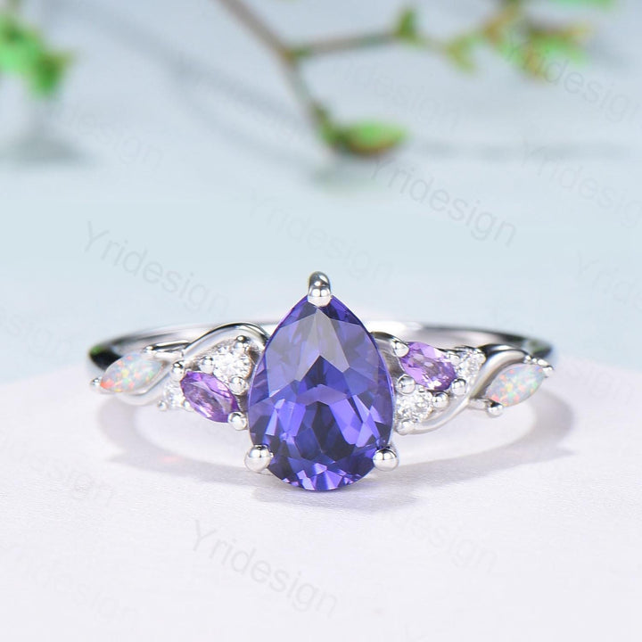 Celestial Tear Purple Sapphire Ring - Deep Purple & Iridescent Opal - PENFINE