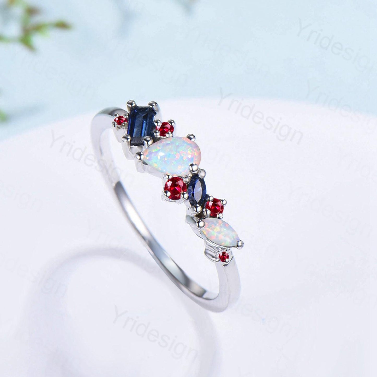Vintage Multi Stone Ring Pear and Marquise Opal Wedding Ring Baguette Sapphire Wedding Band Unique Ruby Stacking Matching band Birthday Gift - PENFINE