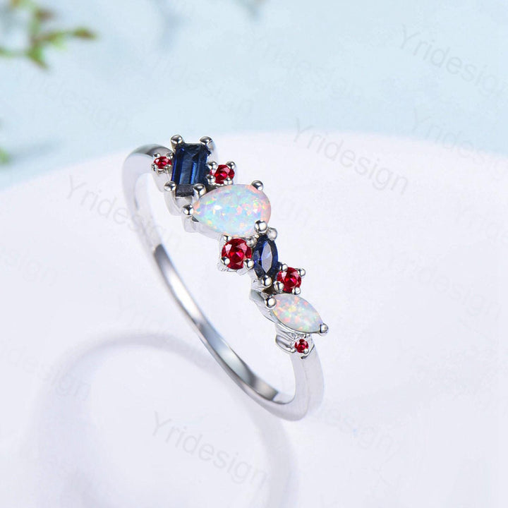 Vintage Multi Stone Ring Pear and Marquise Opal Wedding Ring Baguette Sapphire Wedding Band Unique Ruby Stacking Matching band Birthday Gift - PENFINE