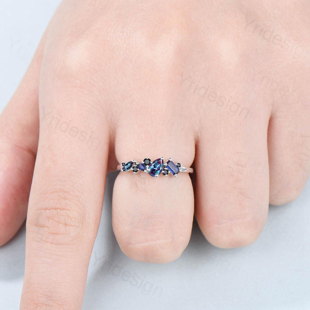 Vintage Multi Stone Ring, Pear and Marquise Alexandrite Wedding Ring, Baguette Sapphire Wedding Band, Unique Spinel Stacking Matching Band - PENFINE