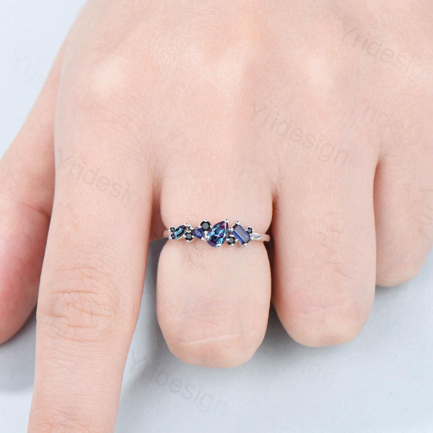 Vintage Multi Stone Ring, Pear and Marquise Alexandrite Wedding Ring, Baguette Sapphire Wedding Band, Unique Spinel Stacking Matching Band - PENFINE