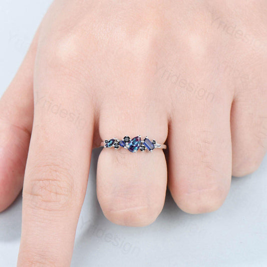 Vintage Multi Stone Ring, Pear and Marquise Alexandrite Wedding Ring, Baguette Sapphire Wedding Band, Unique Spinel Stacking Matching Band - PENFINE