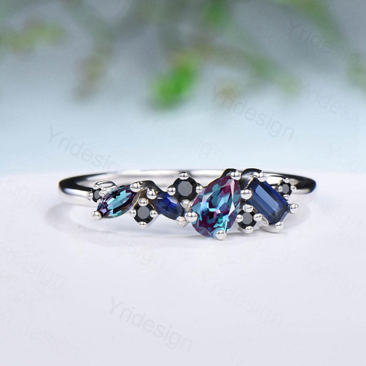 Vintage Multi Stone Ring, Pear and Marquise Alexandrite Wedding Ring, Baguette Sapphire Wedding Band, Unique Spinel Stacking Matching Band - PENFINE