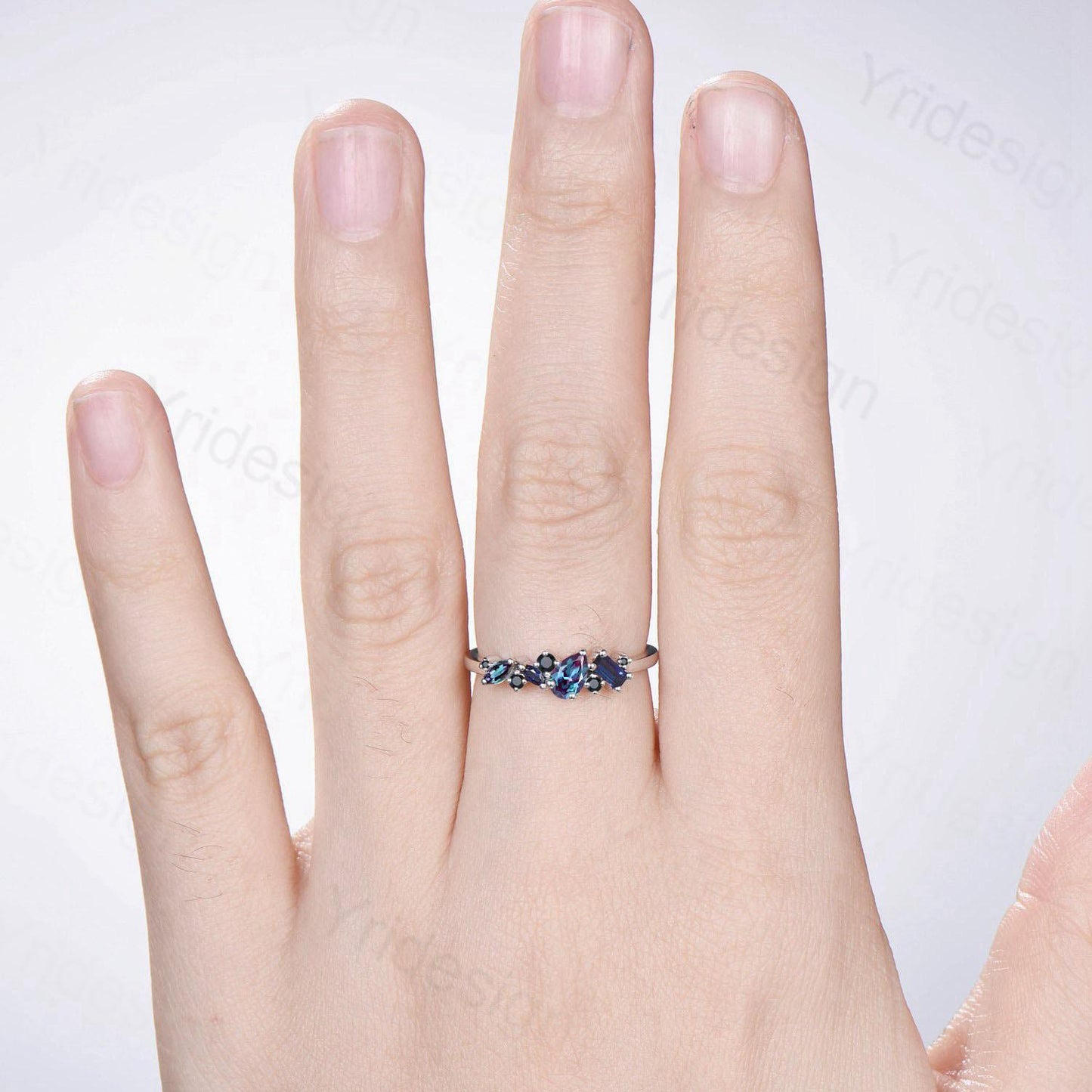 Vintage Multi Stone Ring, Pear and Marquise Alexandrite Wedding Ring, Baguette Sapphire Wedding Band, Unique Spinel Stacking Matching Band - PENFINE