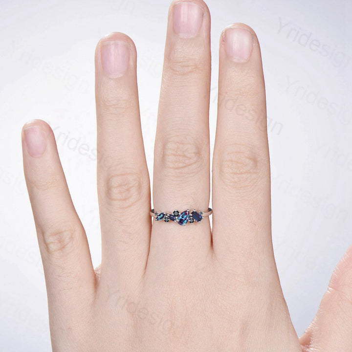 Vintage Multi Stone Ring, Pear and Marquise Alexandrite Wedding Ring, Baguette Sapphire Wedding Band, Unique Spinel Stacking Matching Band - PENFINE
