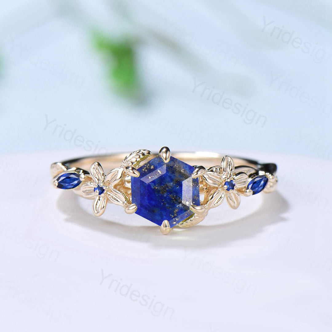 Vintage Lapis Lazuli Ring Floral Hexagon Cut Lapis Lazuli Engagement Ring 14K Yellow Gold Leaves Twisted Garden Inspired Wedding Ring Women - PENFINE