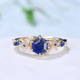 Vintage Lapis Lazuli Ring Floral Hexagon Cut Lapis Lazuli Engagement Ring 14K Yellow Gold Leaves Twisted Garden Inspired Wedding Ring Women - PENFINE