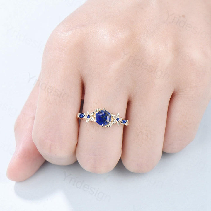 Vintage Lapis Lazuli Ring Floral Hexagon Cut Lapis Lazuli Engagement Ring 14K Yellow Gold Leaves Twisted Garden Inspired Wedding Ring Women - PENFINE