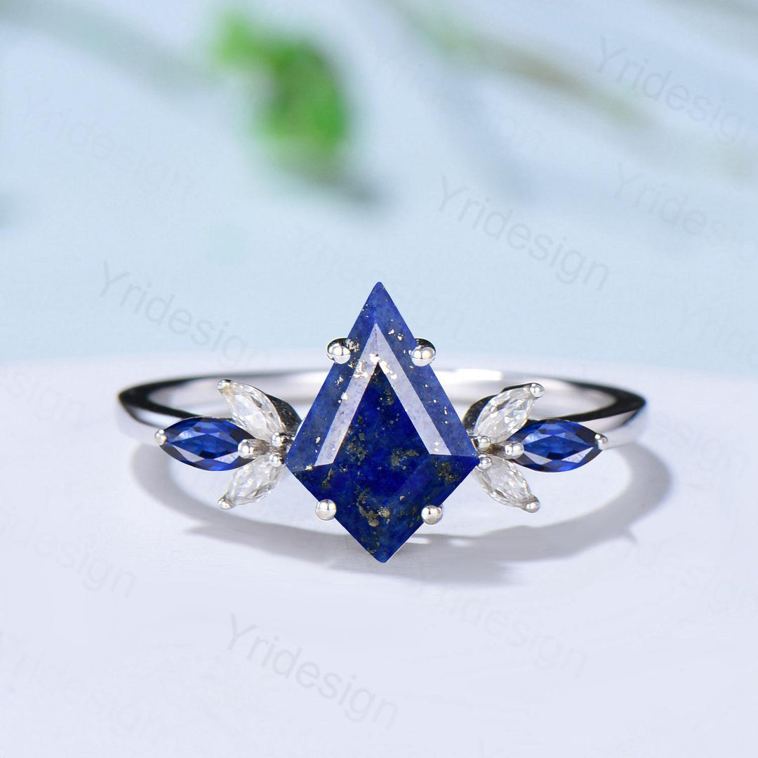 Vintage Lapis Lazuli Engagement Ring Set Kite Cut Unique Cluster Sapphire Seven Stone Lapis Lazuli Bridal Ring Set Anniversary Promise Gift - PENFINE