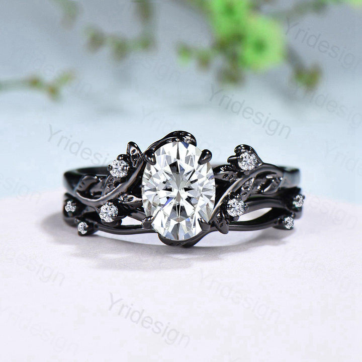Nature Inspired black gold oval moissanite wedding ring set cluster branch leaf engagement ring vintage anniversary promise gift for fiancee - PENFINE