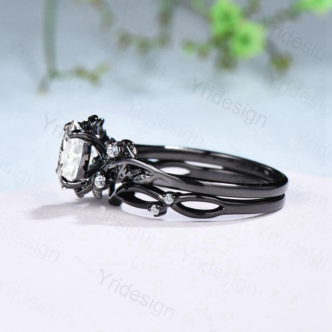 Nature Inspired black gold oval moissanite wedding ring set cluster branch leaf engagement ring vintage anniversary promise gift for fiancee - PENFINE