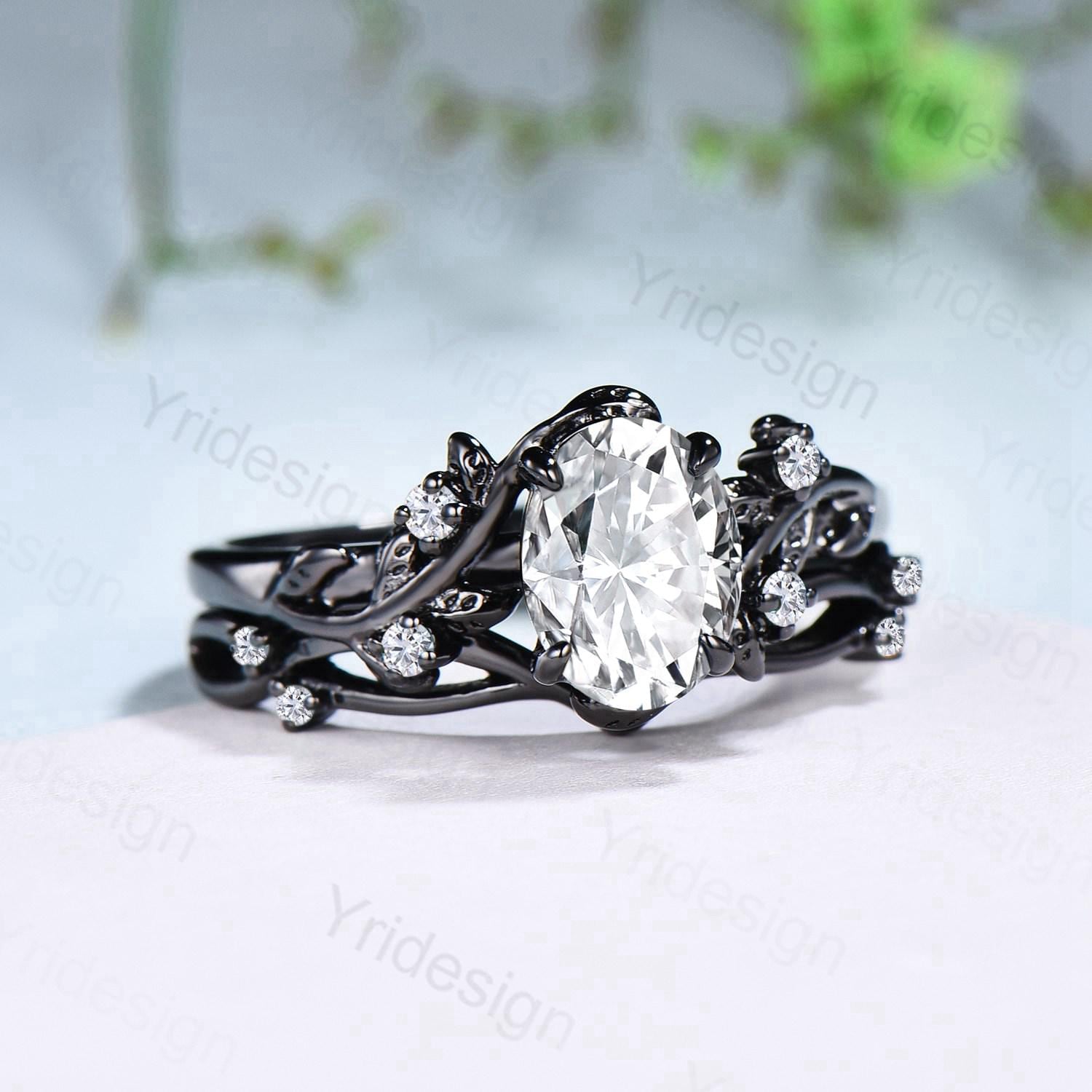 Nature Inspired black gold oval moissanite wedding ring set cluster branch leaf engagement ring vintage anniversary promise gift for fiancee - PENFINE