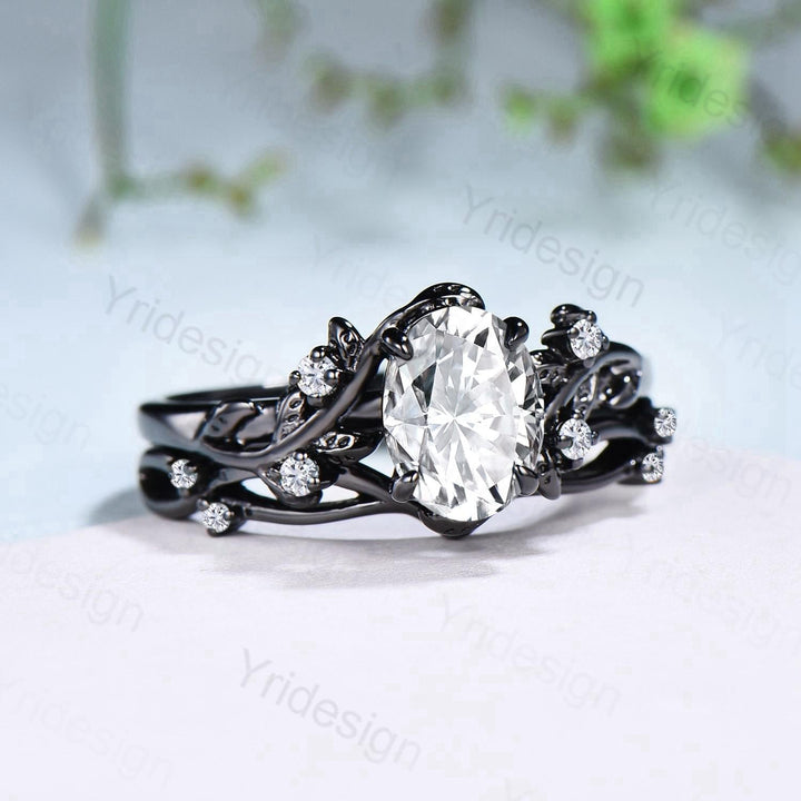 Nature Inspired black gold oval moissanite wedding ring set cluster branch leaf engagement ring vintage anniversary promise gift for fiancee - PENFINE