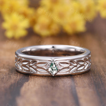 Moss Agate Leaves Wedding Band: Nature Inspired Sterling Silver Ring