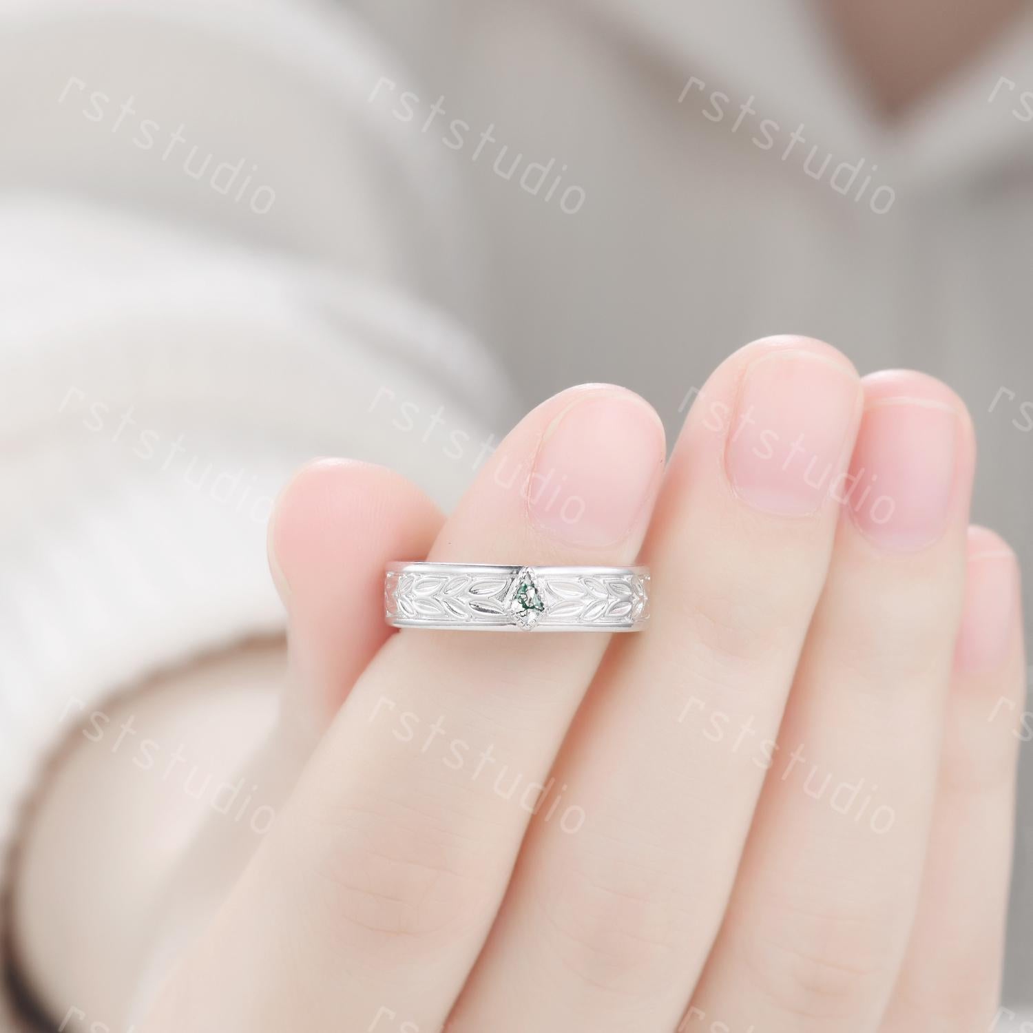 Moss Agate Leaves Wedding Band: Nature Inspired Sterling Silver Ring