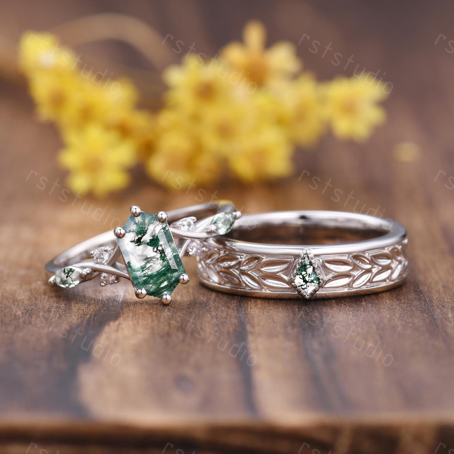 Moss Agate Leaves Wedding Band: Nature Inspired Sterling Silver Ring