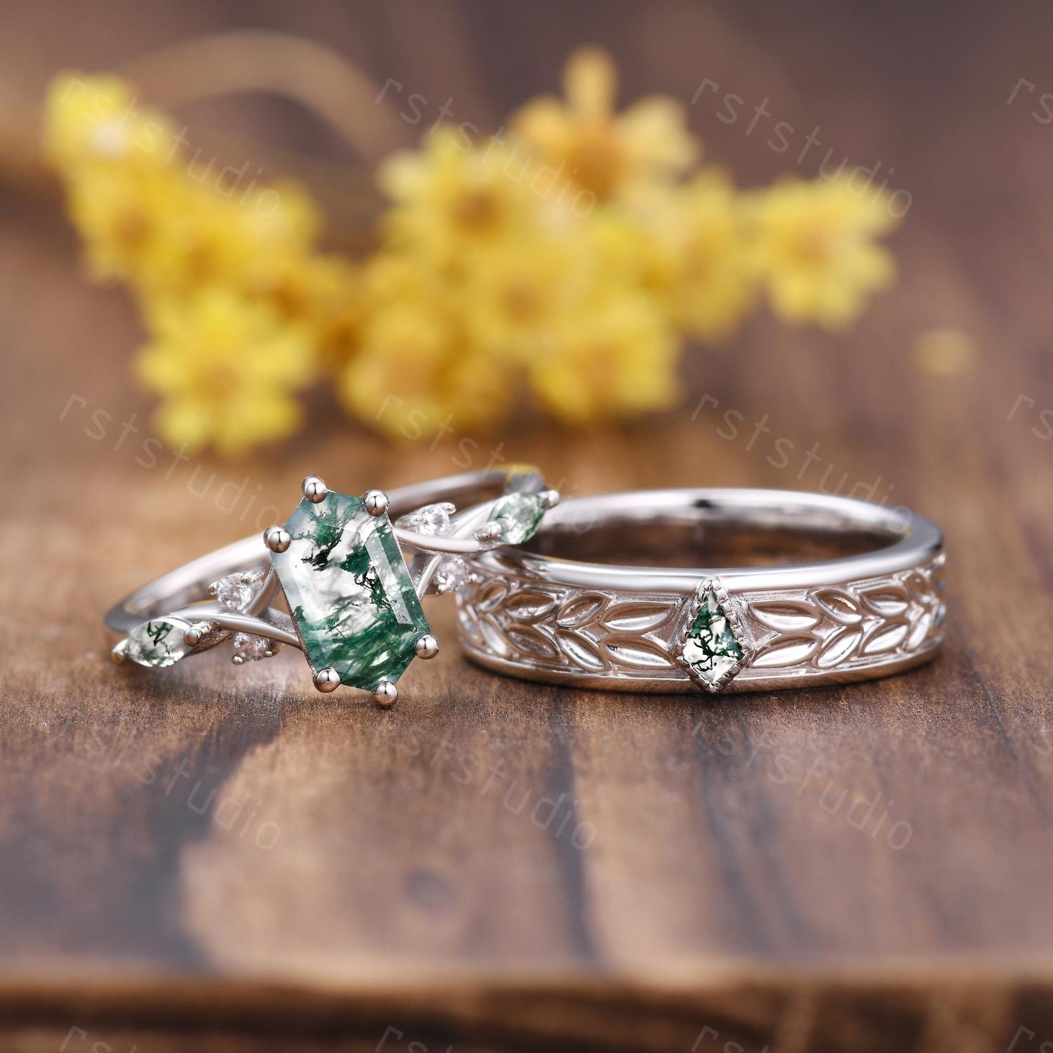 Moss Agate Leaves Wedding Band: Nature Inspired Sterling Silver Ring