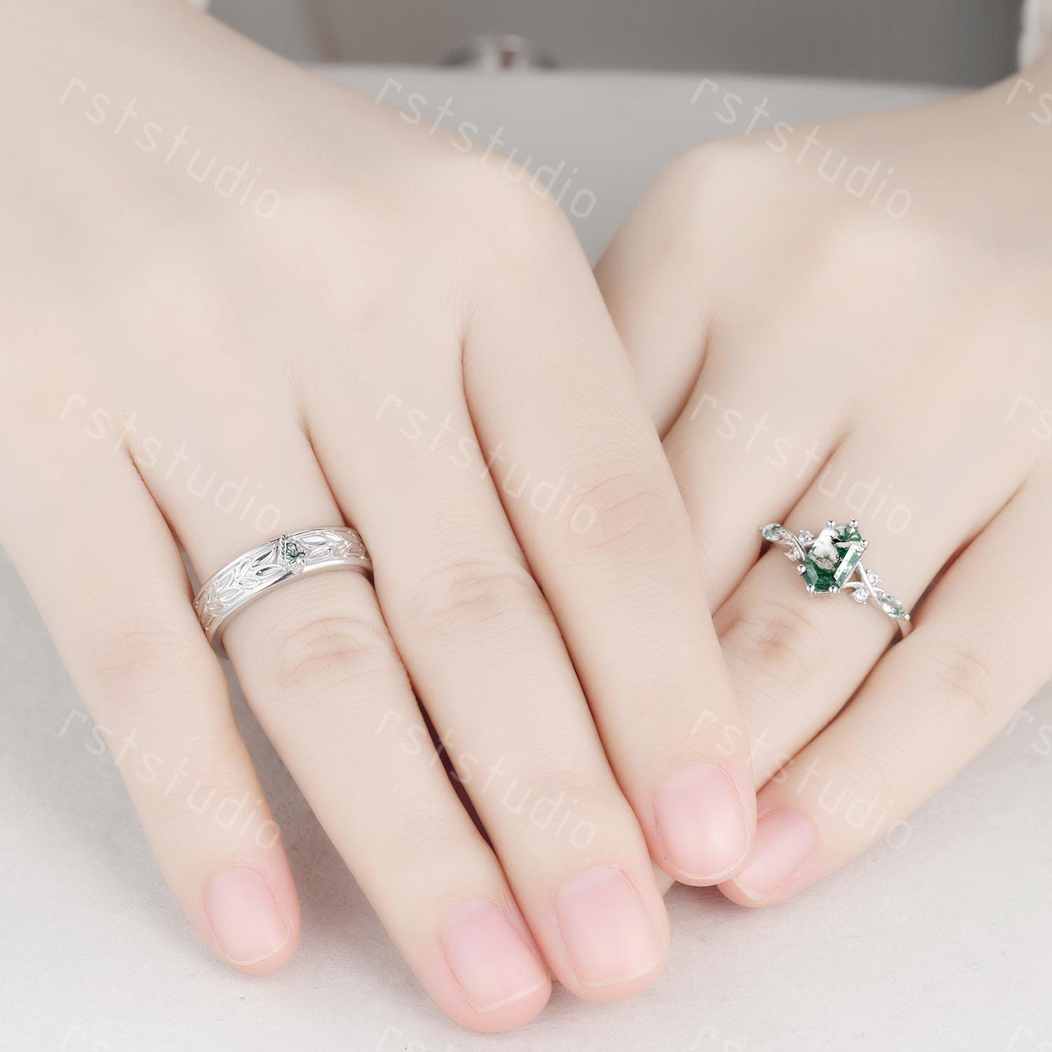 Moss Agate Leaves Wedding Band: Nature Inspired Sterling Silver Ring