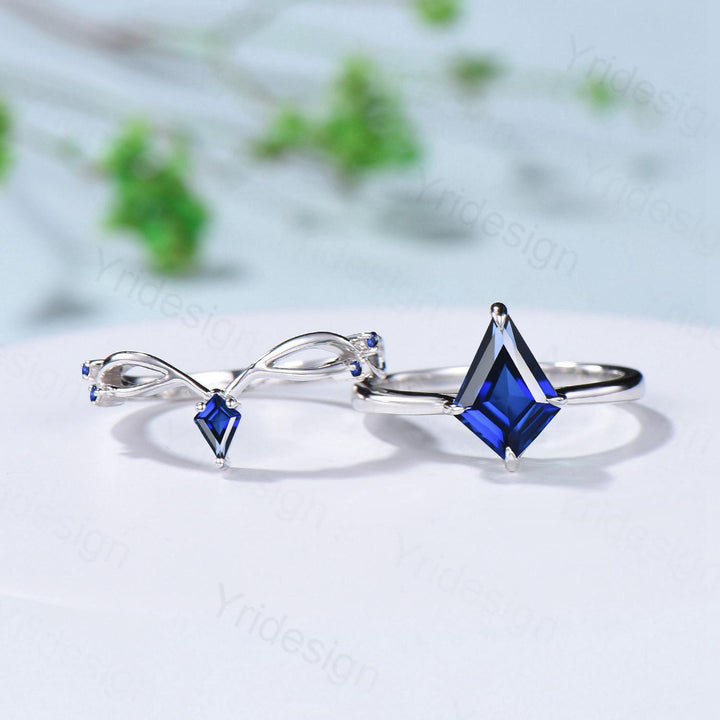 Dainty Blue Sapphire Engagement Ring Set Kite Cut Solitaire Minimalist Wedding Set Simple Sep birthstone Bridal Set Anniversary Promise gift - PENFINE