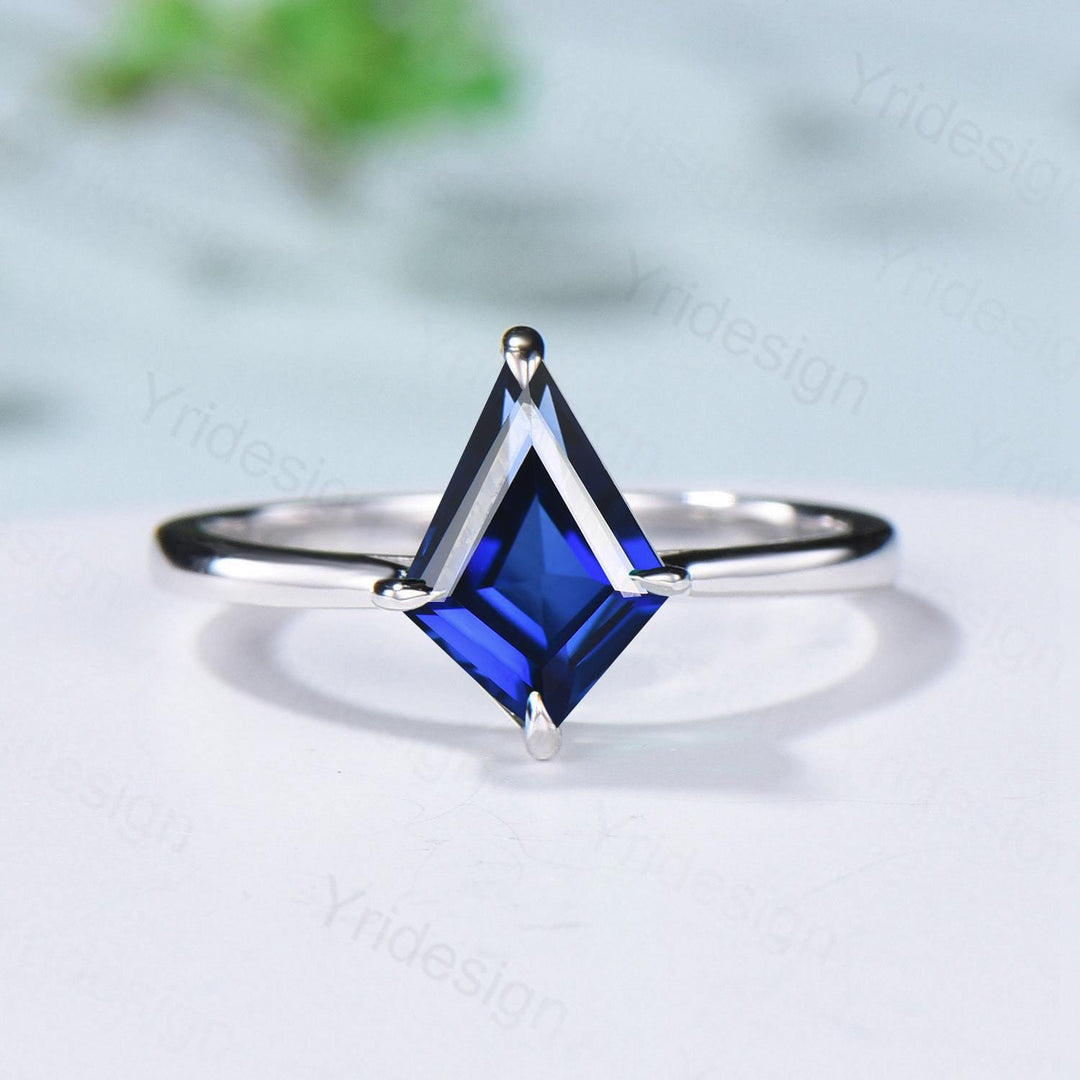 Dainty Blue Sapphire Engagement Ring Set Kite Cut Solitaire Minimalist Wedding Set Simple Sep birthstone Bridal Set Anniversary Promise gift - PENFINE